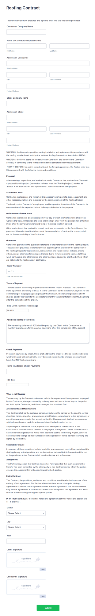Roofing Contract Form Template