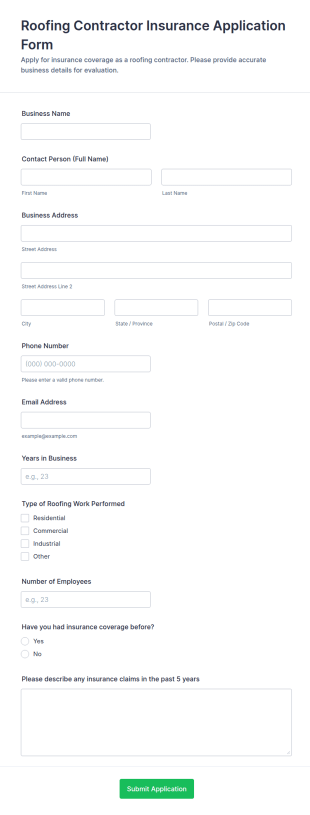 Roofing Contractor Insurance Application Form Template