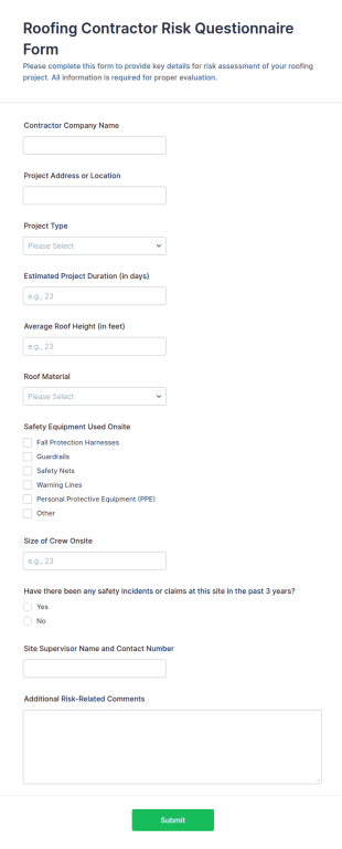 Roofing Contractor Risk Questionnaire Form Template