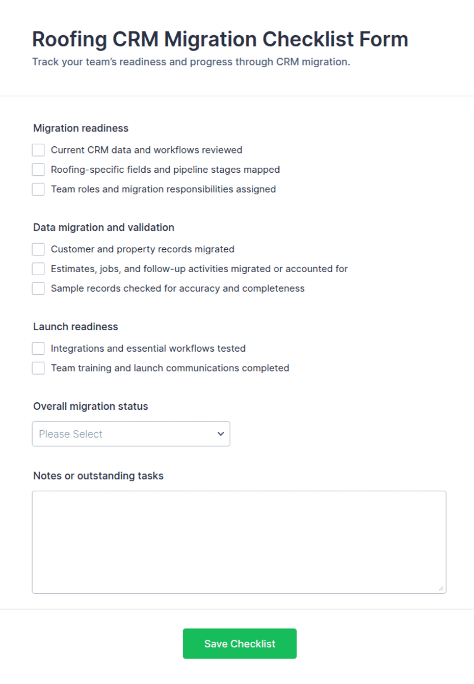 Roofing CRM Migration Checklist Form Template | Jotform