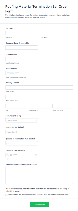 Roofing Material Termination Bar Order Form Template