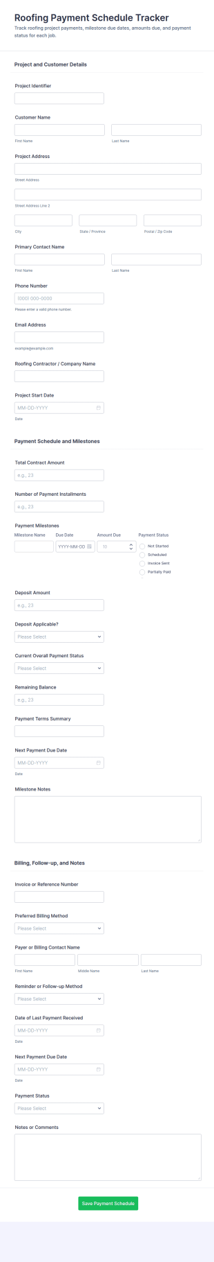 Roofing Payment Schedule Tracker Form Template