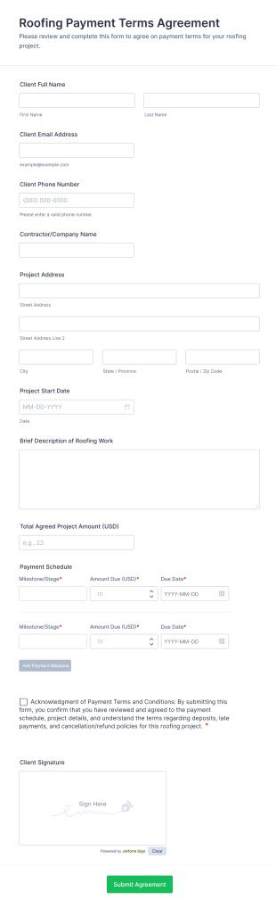 Roofing Payment Terms Agreement Form Template