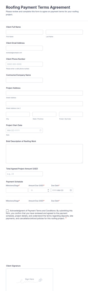 Roofing Payment Terms Agreement Form Template