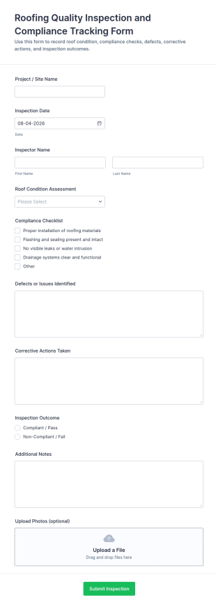 Roofing Quality Inspection And Compliance Tracking Form Template