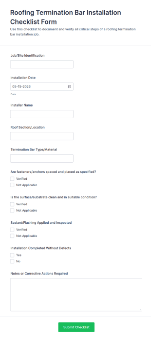 Roofing Termination Bar Installation Checklist Form Template