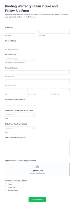 Roofing Warranty Claim Intake And Follow Up Form Template