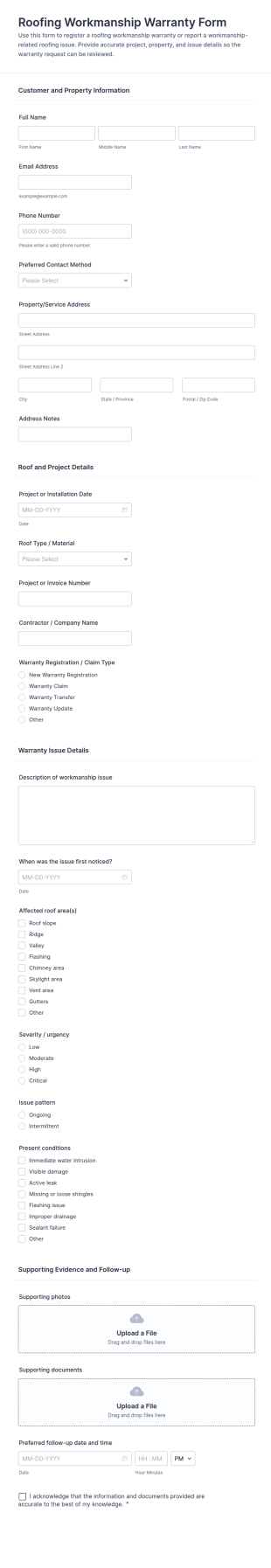 Roofing Workmanship Warranty Form Template