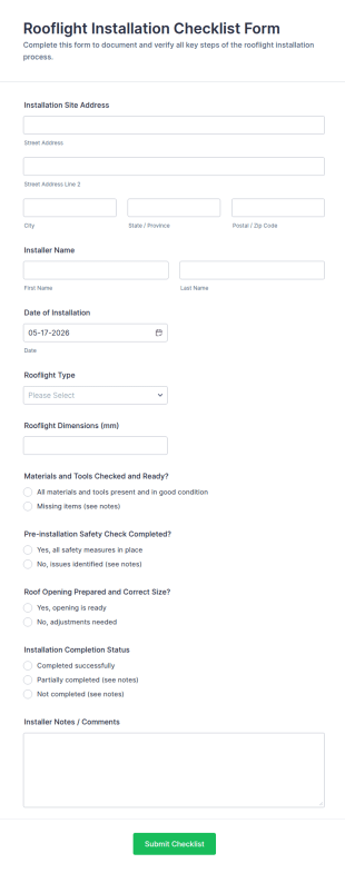 Rooflight Installation Checklist Form Template