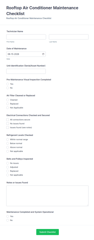 Rooftop Air Conditioner Maintenance Checklist Form Template