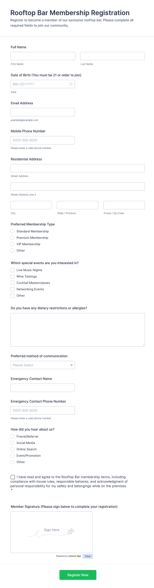Rooftop Bar Membership Registration Form Template