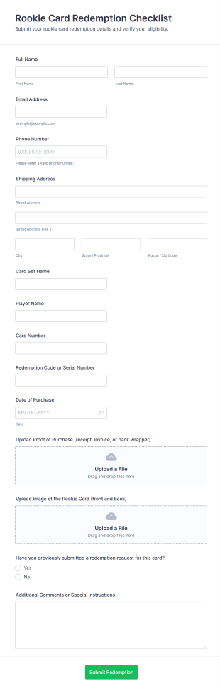 Rookie Card Redemption Checklist Form Template