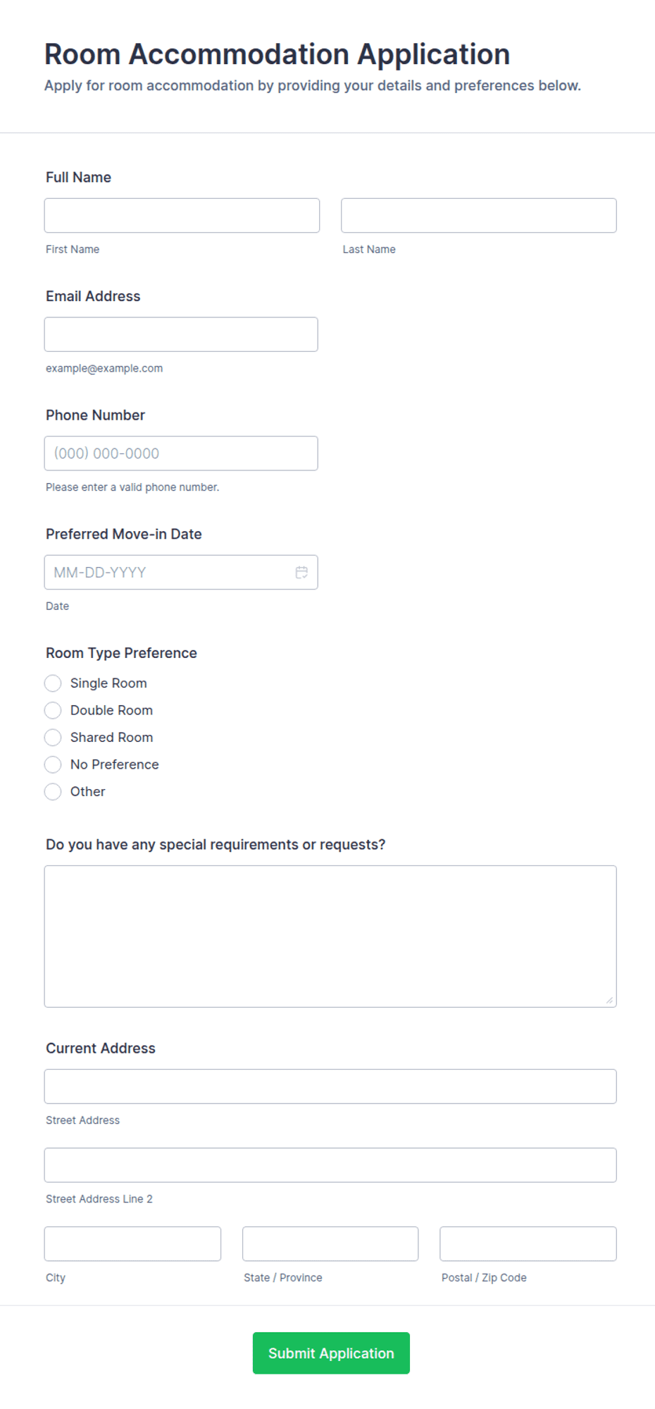Room Accommodation Application Form Template | Jotform
