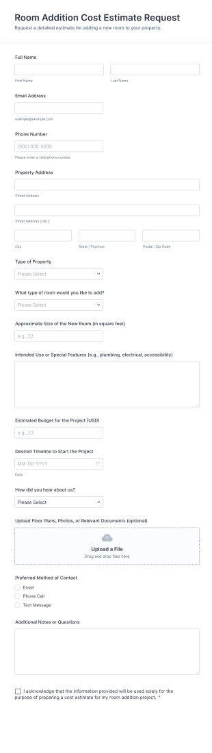 Room Addition Cost Estimate Request Form Template