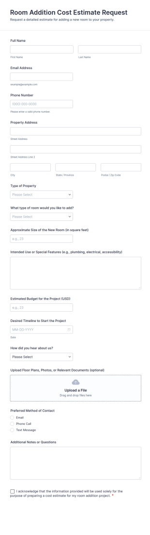 Room Addition Cost Estimate Request Form Template