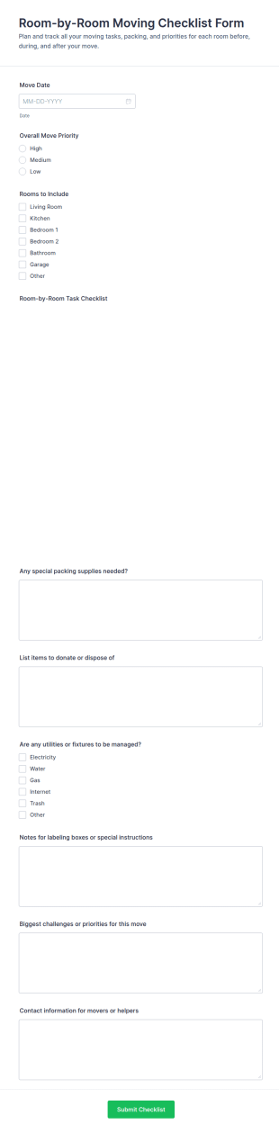 Room By Room Moving Checklist Form Template