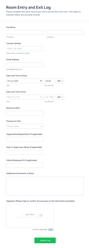 Room Entry And Exit Log Form Template