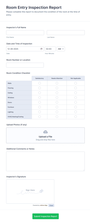 Room Entry Inspection Report Form Template