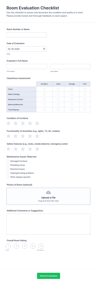 Room Evaluation Checklist Form Template