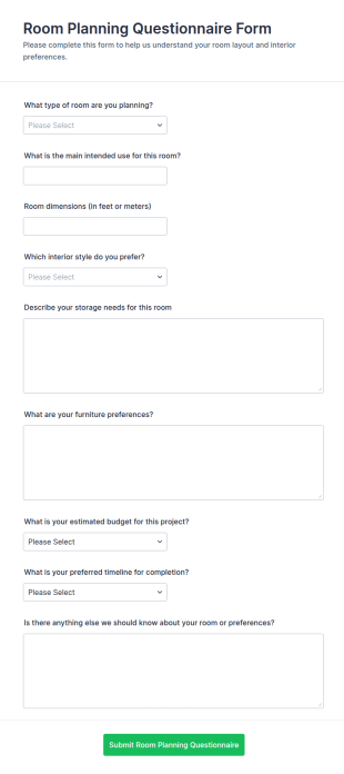 Room Planning Questionnaire Form Template