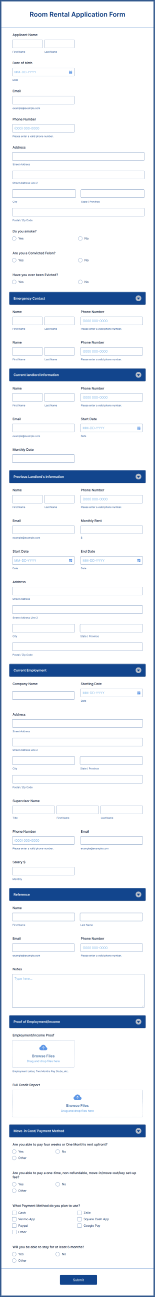 Room Rental Application Form Template
