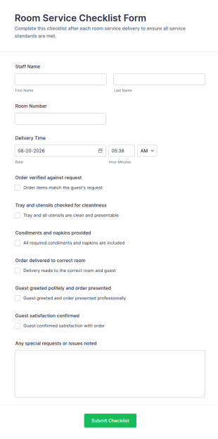 Room Service Checklist Form Template