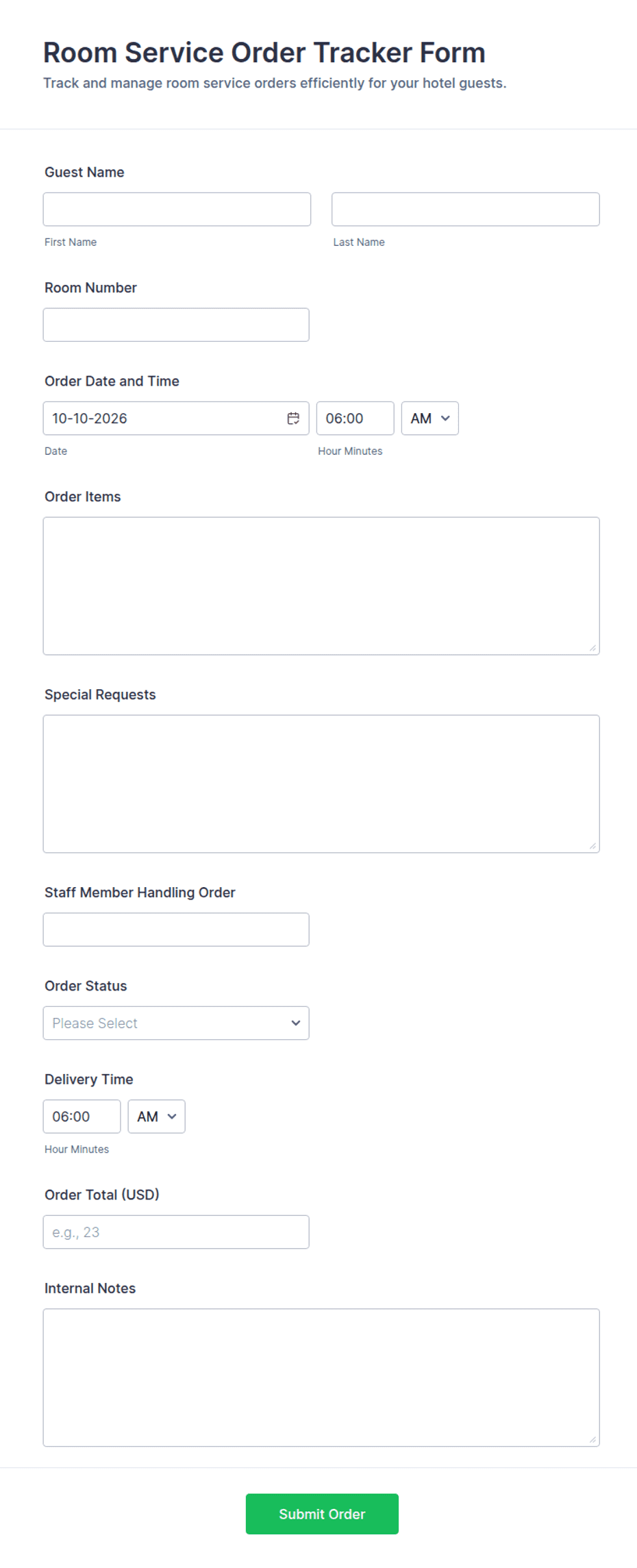 Room Service Order Tracker Form Template | Jotform