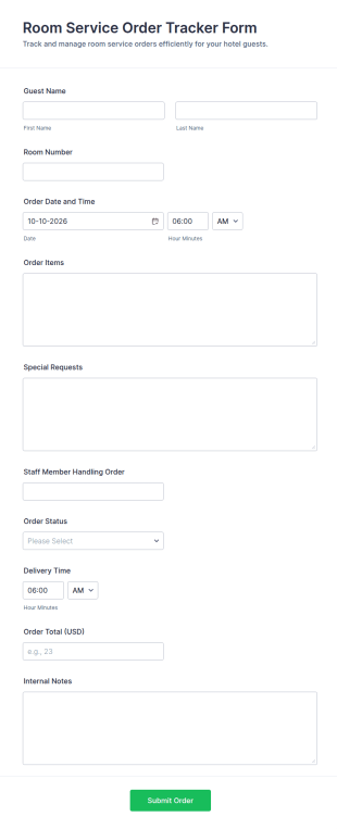Room Service Order Tracker Form Template