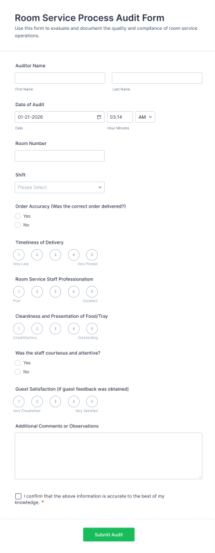 Room Service Process Audit Form Template