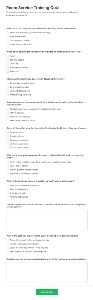 Room Service Training Quiz Form Template