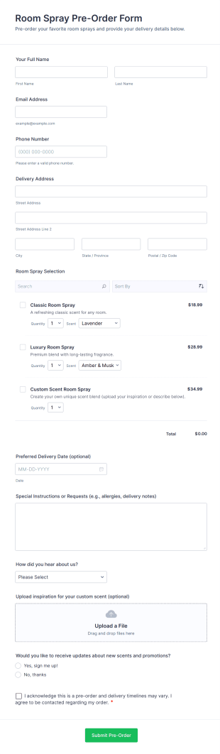 Room Spray Pre Order Form Template