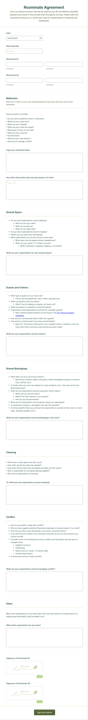 Roommate Agreement Form Template