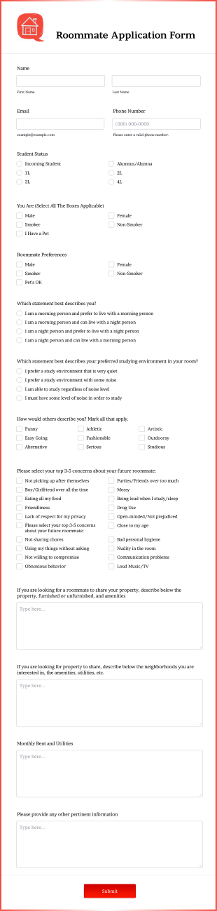 Roommate Application Form Template
