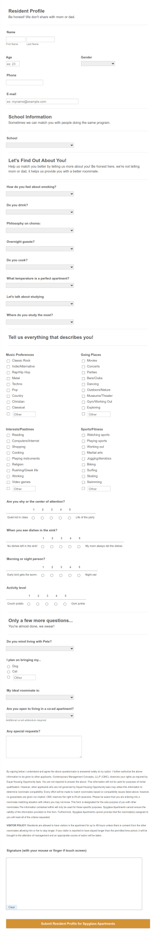 Roommate Matching Form SpyGlass
