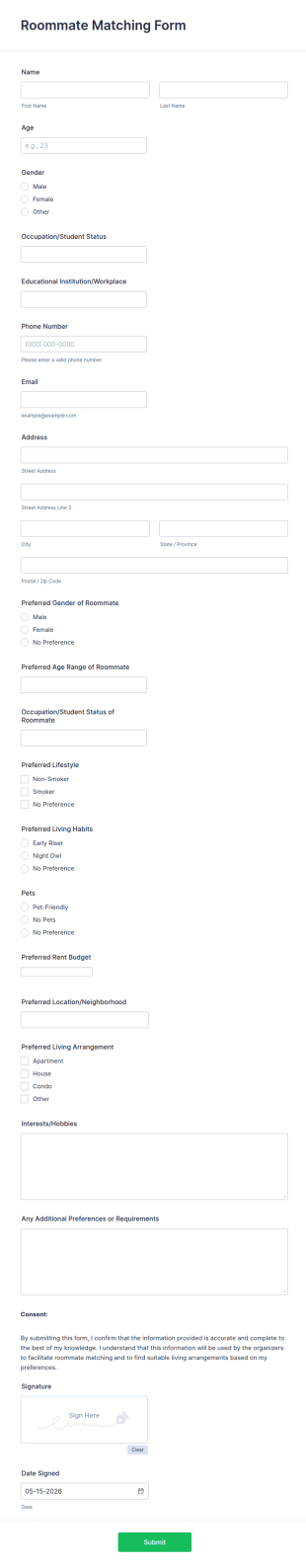 Roommate Matching Form Template