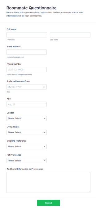 Roommate Questionnaire Form Template