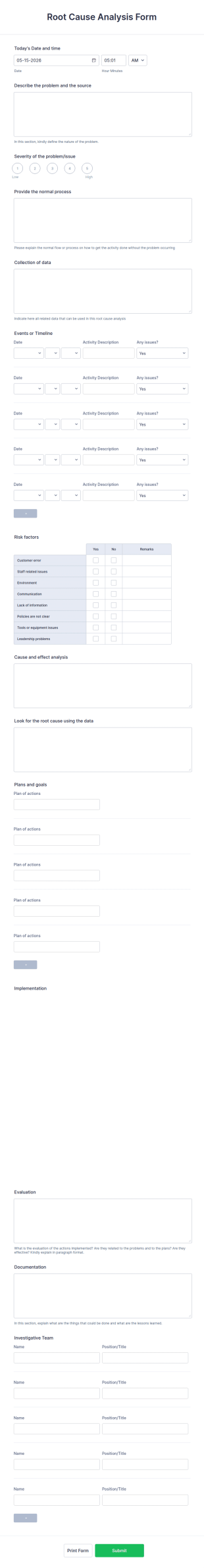 Root Cause Analysis Form Template