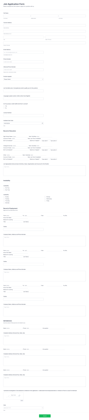 ROP Job Application Form Template