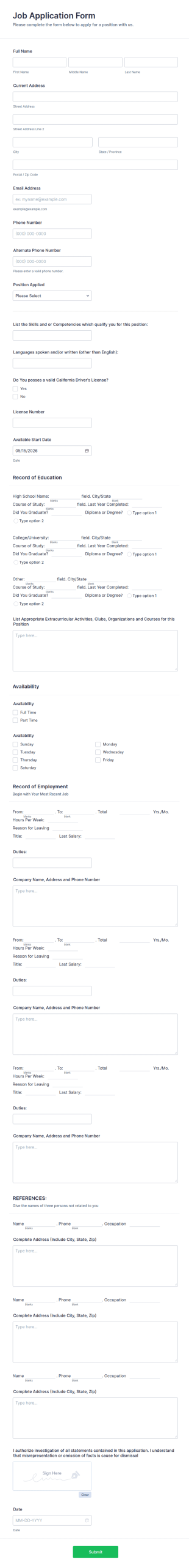 ROP Job Application Form Template