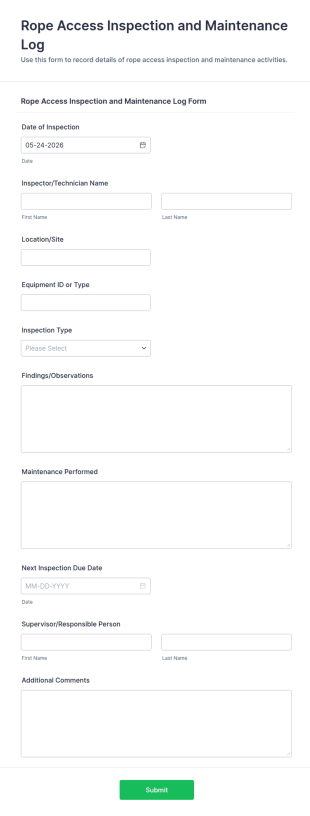 Rope Access Inspection And Maintenance Log Form Template