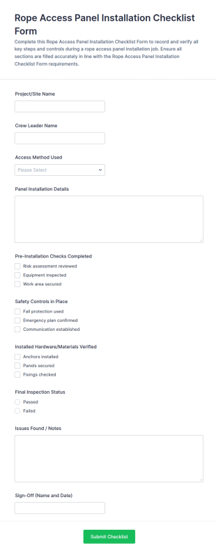 Rope Access Panel Installation Checklist Form Template