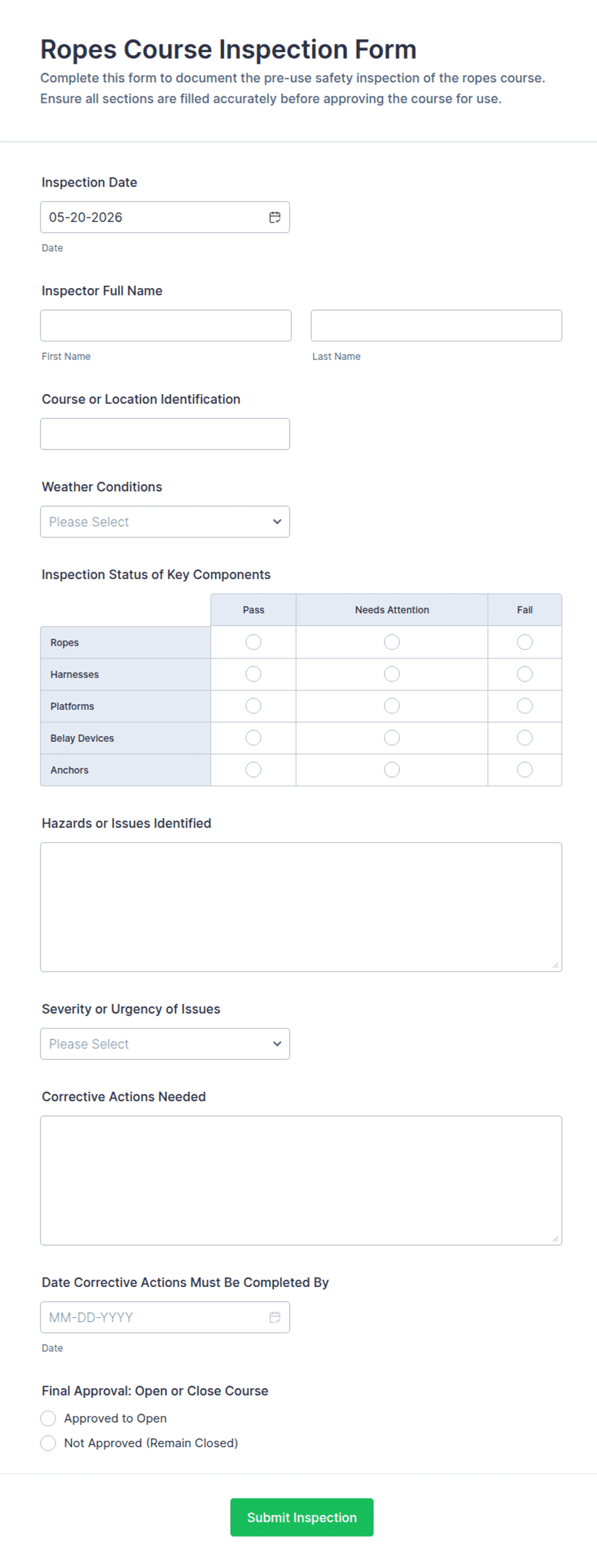 Westfall Rope Inspection Form Ropes Course Inspection Form Template | Jotform