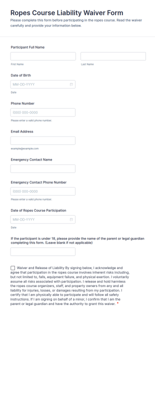 Ropes Course Liability Waiver Form Template