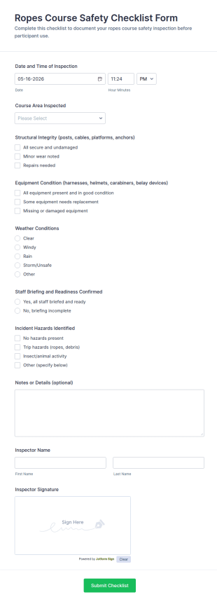 Ropes Course Safety Checklist Form Template