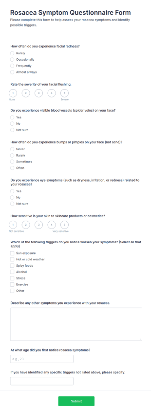 Rosacea Symptom Questionnaire Form Template