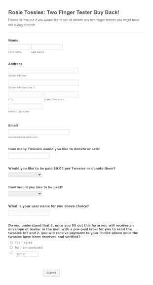 Rosie Toesies: Two Finger Tester Buy Back! Form Template