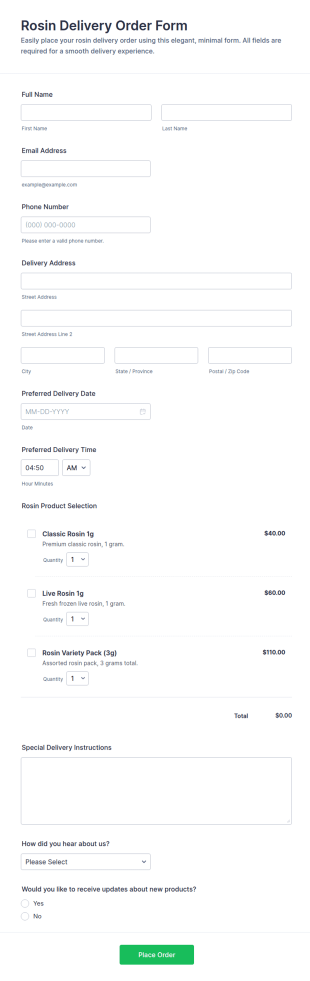 Rosin Delivery Order Form Template