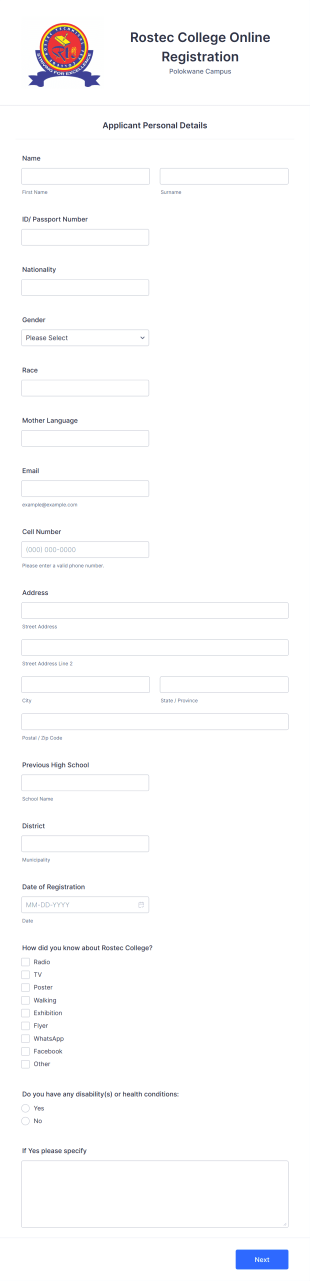 Rostec College Online Registration Form Template