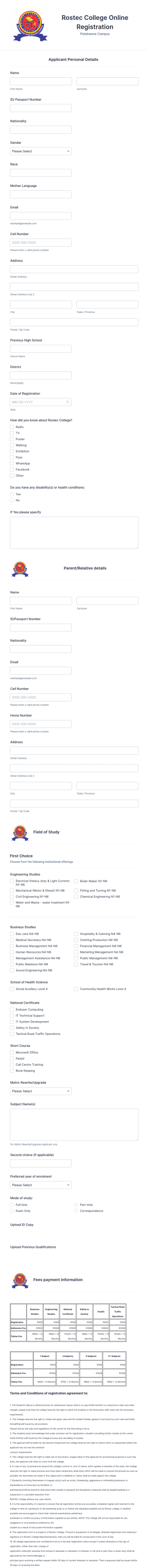 Rostec College Online Registration Form Template