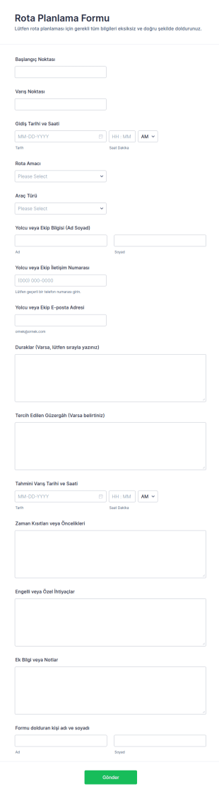 Rota Planlama Form Şablonu